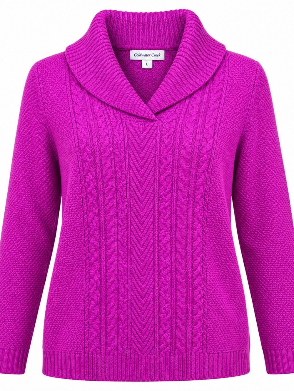 COLDWATER CREEK | Fuchsia Pink Shawl Collar Cotton Blend Cable Knit Sweater | L